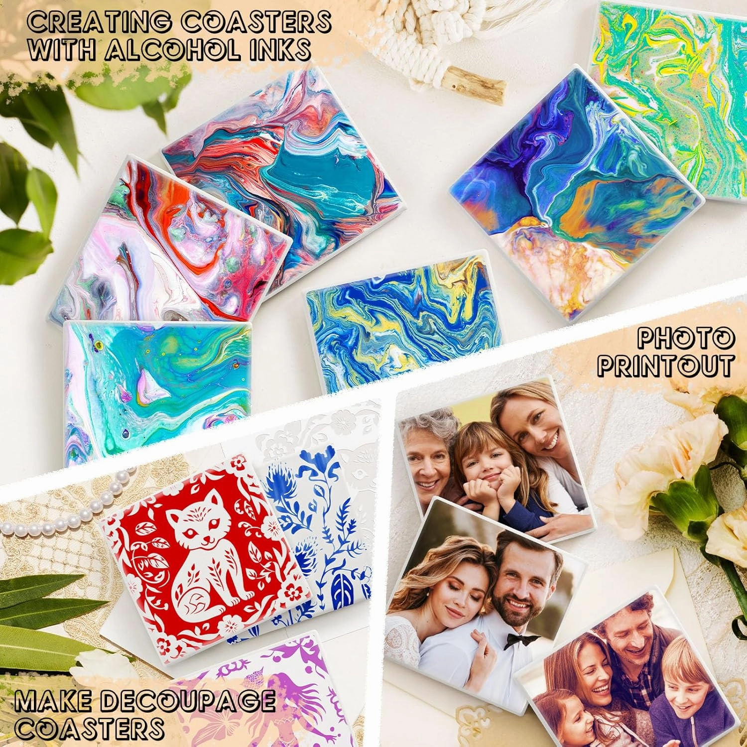 Ceramic Tiles for Crafts, GOH DODD 24 Pack Unglazed Blank Coasters White Tiles with 24 Cork Backing Pads for Alcohol Ink, Painting, Acrylic Pouring, Art Projects, Square, 4 Inch