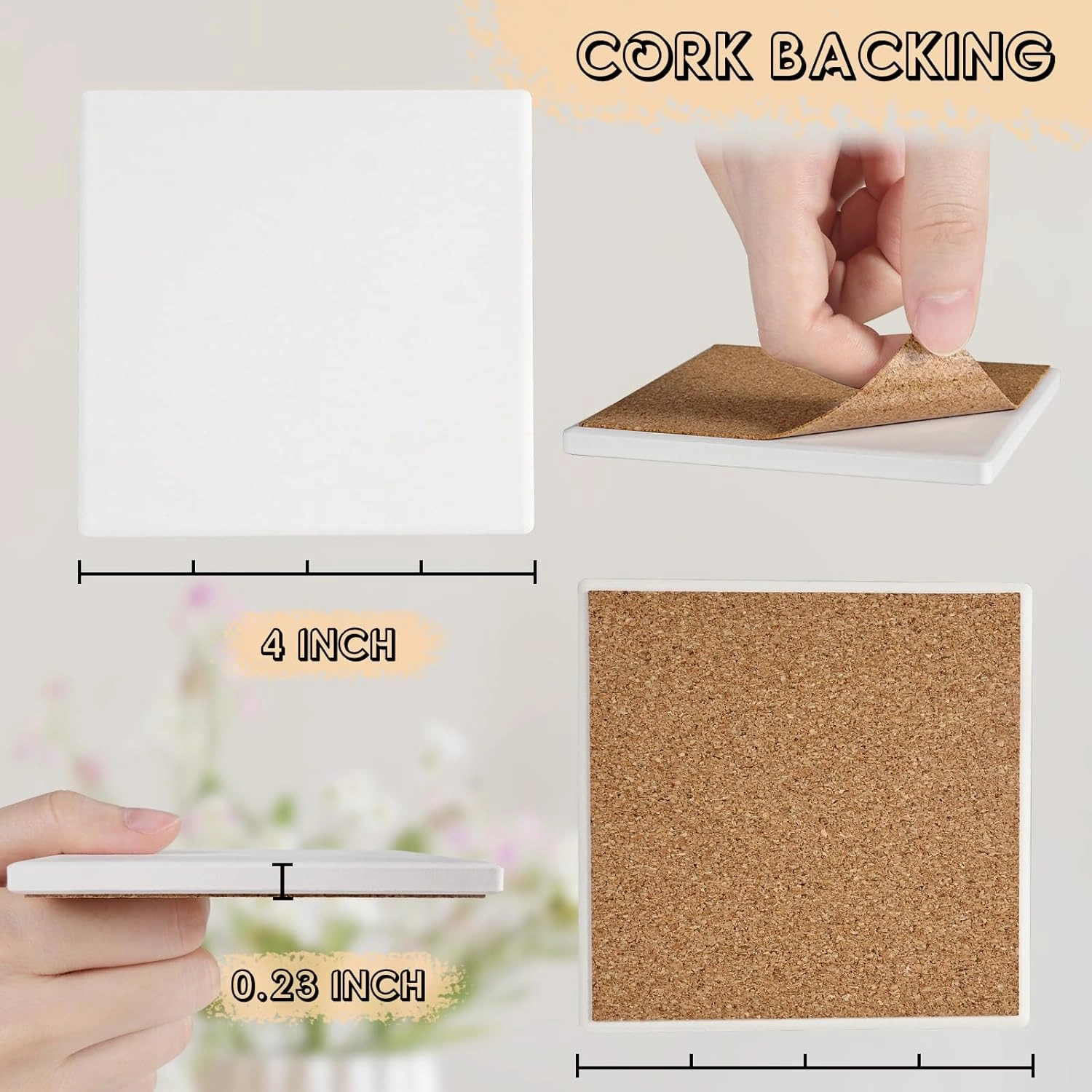 Ceramic Tiles for Crafts, GOH DODD 24 Pack Unglazed Blank Coasters White Tiles with 24 Cork Backing Pads for Alcohol Ink, Painting, Acrylic Pouring, Art Projects, Square, 4 Inch