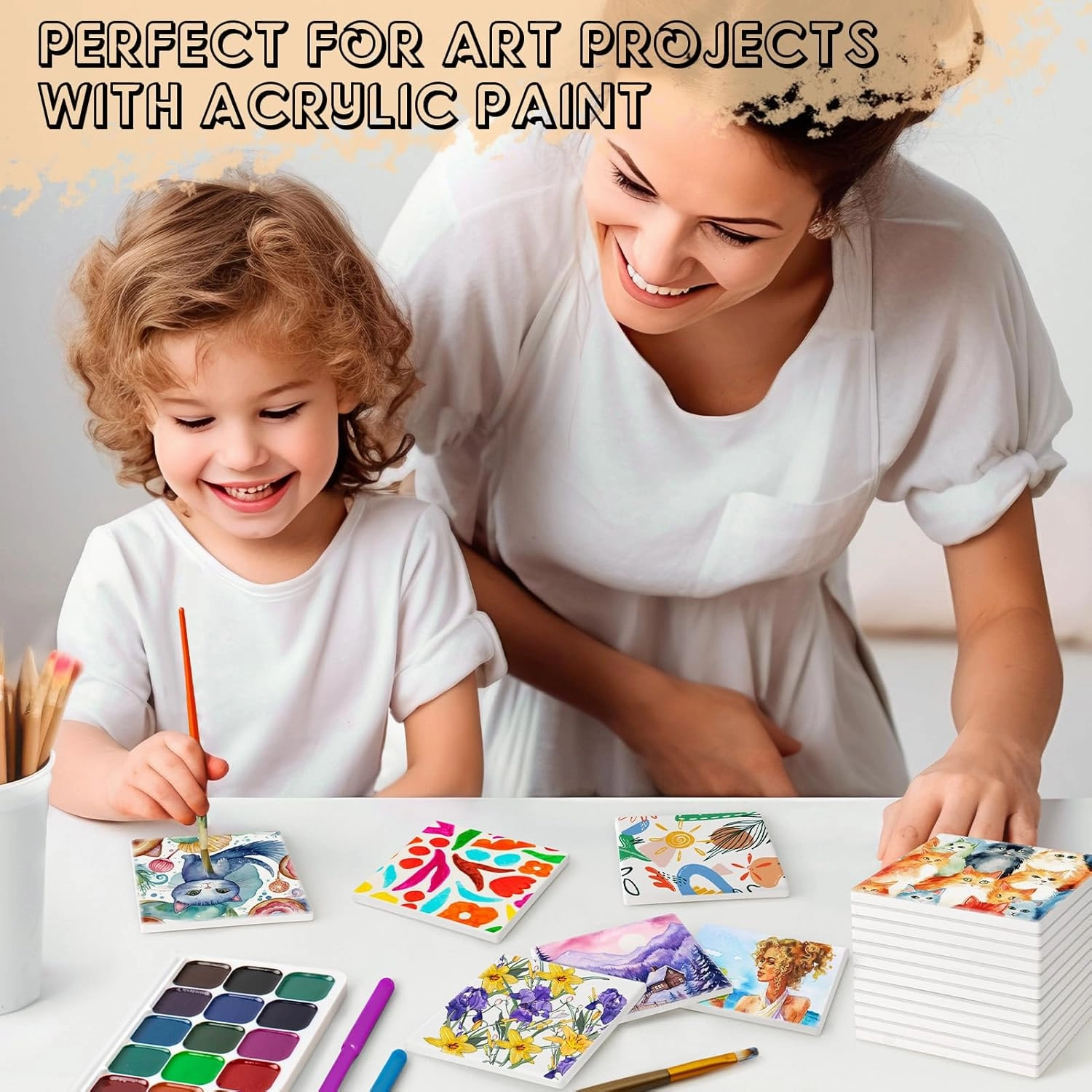 Ceramic Tiles for Crafts, GOH DODD 24 Pack Unglazed Blank Coasters White Tiles with 24 Cork Backing Pads for Alcohol Ink, Painting, Acrylic Pouring, Art Projects, Square, 4 Inch