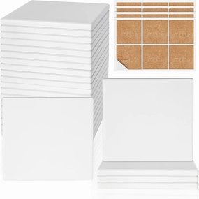 Ceramic Tiles for Crafts, GOH DODD 24 Pack Unglazed Blank Coasters White Tiles with 24 Cork Backing Pads for Alcohol Ink, Painting, Acrylic Pouring, Art Projects, Square, 4 Inch