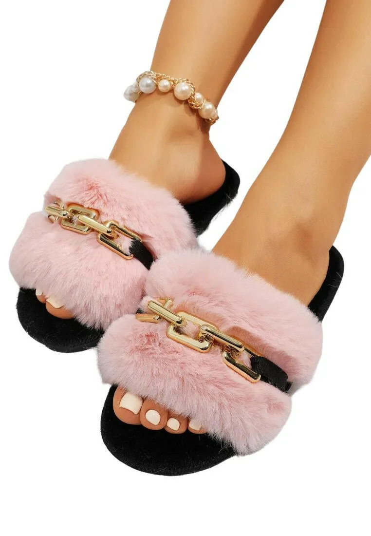 Chain Decor Fluffy Bedroom Slippers