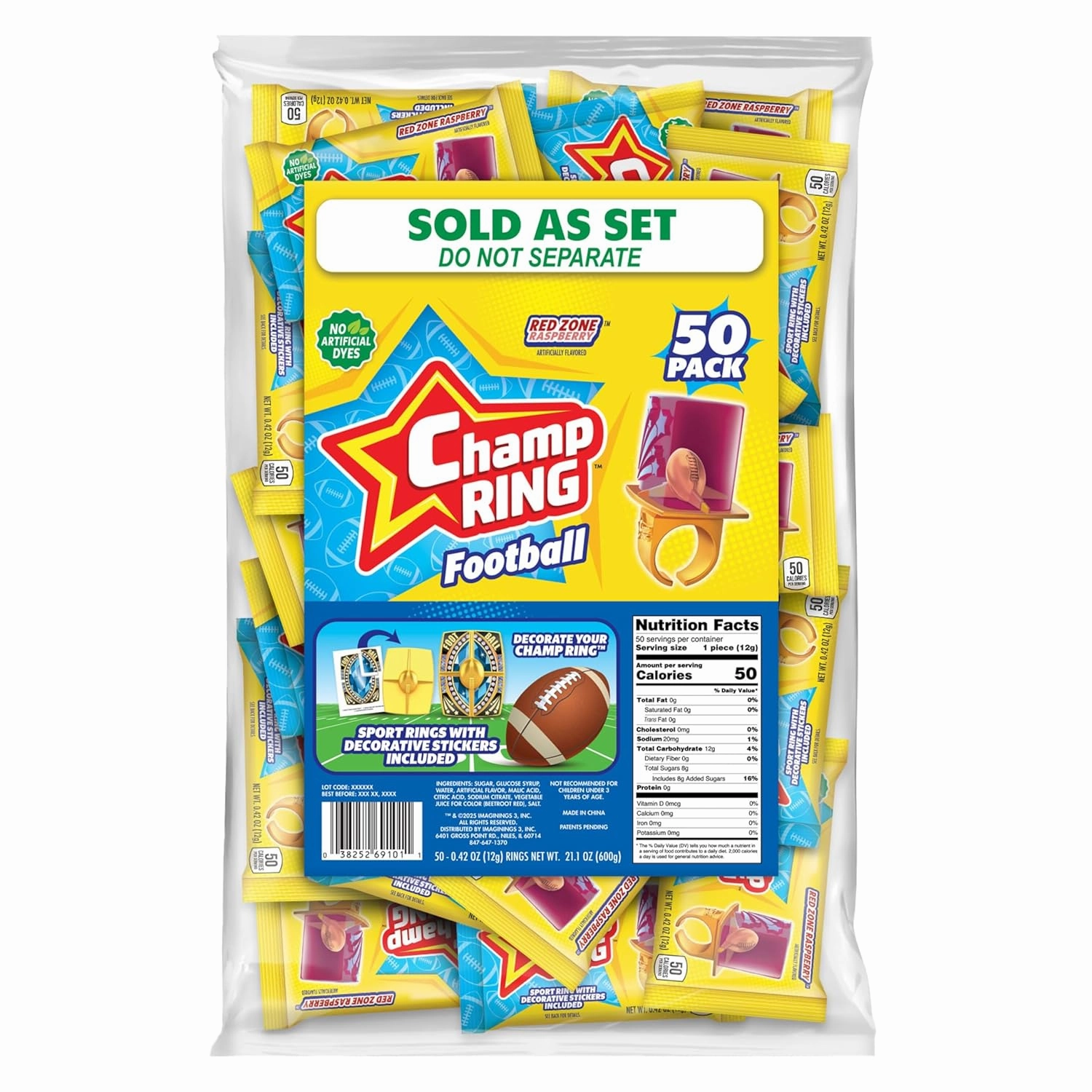 Champ Ring Football, Red Zone Raspberry - Bold Raspberry Flavored Candy Rings - Individually Wrapped - No Artificial Colors or Dyes - Perfect for Parties, Events & Snacks - Bulk Pack of 50