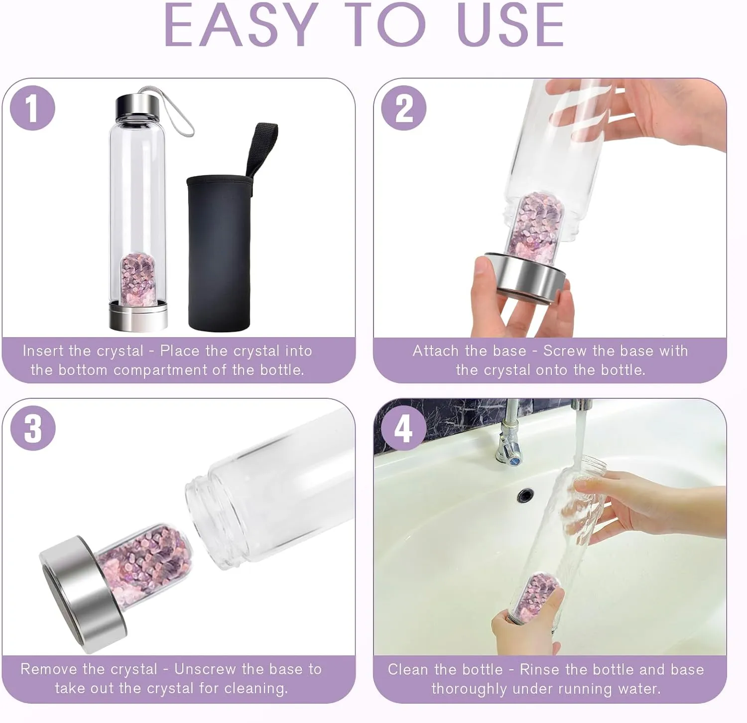ChezMax Crystal Glass Water Bottle with Changeable Natural Crystal Center