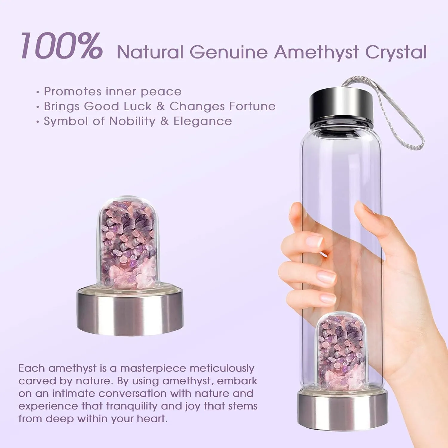 ChezMax Crystal Glass Water Bottle with Changeable Natural Crystal Center