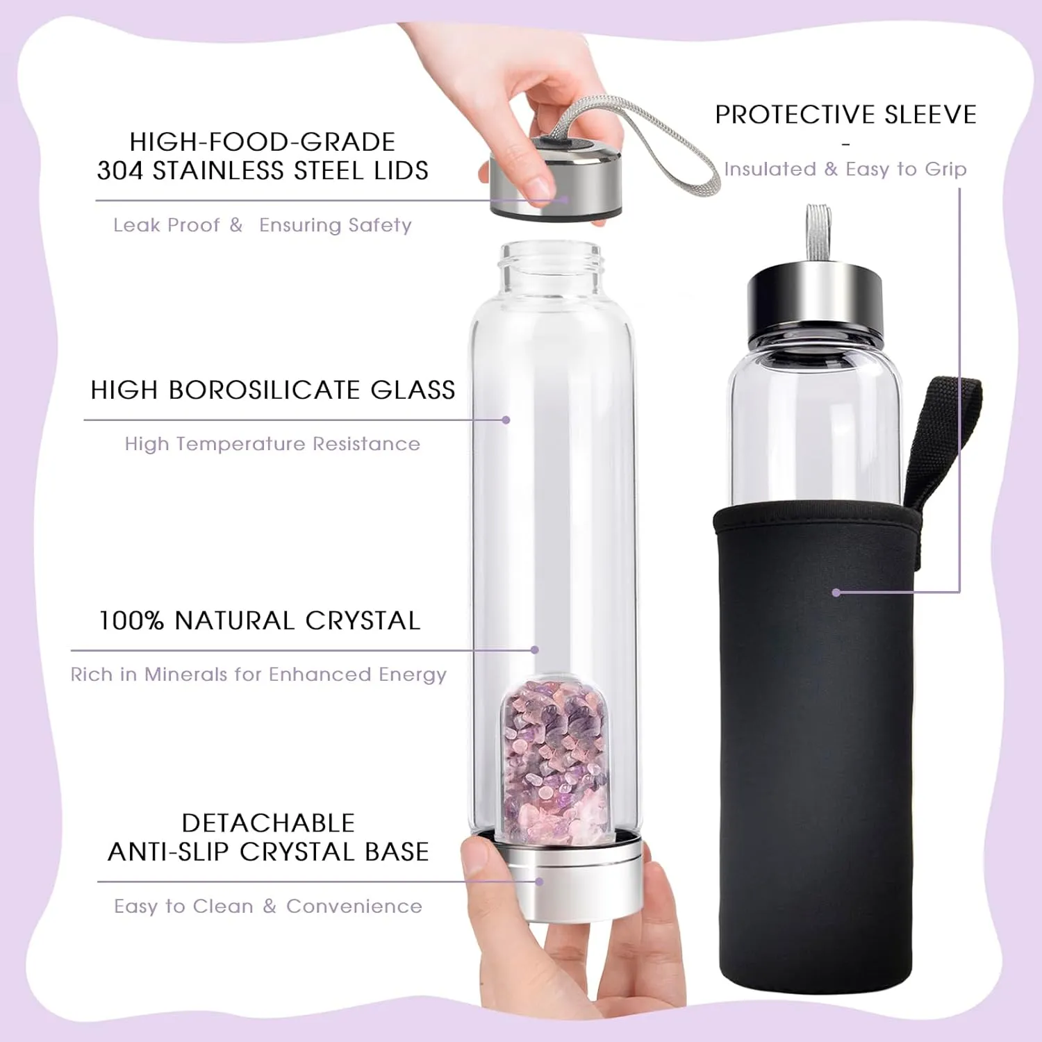 ChezMax Crystal Glass Water Bottle with Changeable Natural Crystal Center