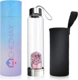 ChezMax Crystal Glass Water Bottle with Changeable Natural Crystal Center