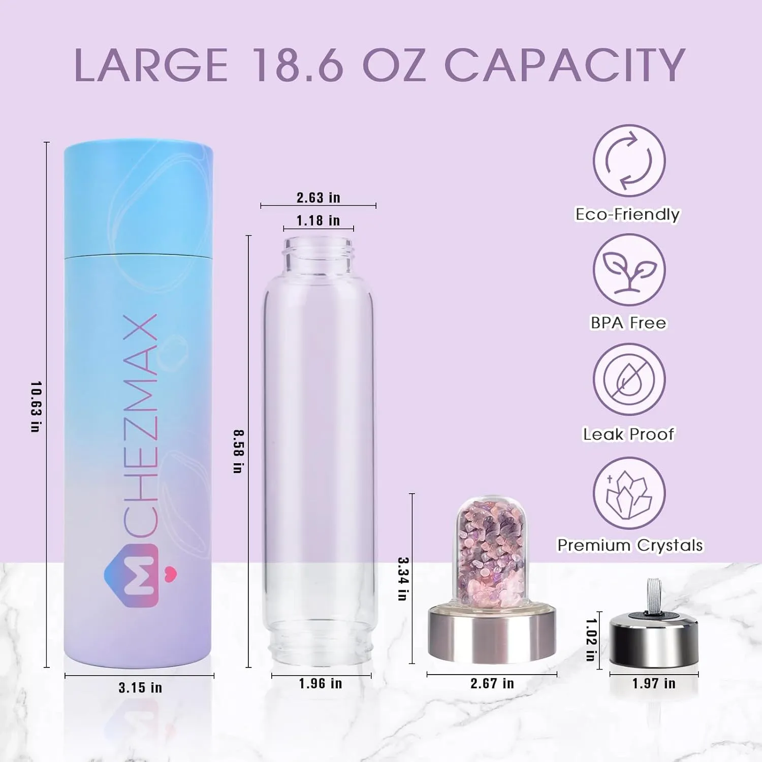 ChezMax Crystal Glass Water Bottle with Changeable Natural Crystal Center
