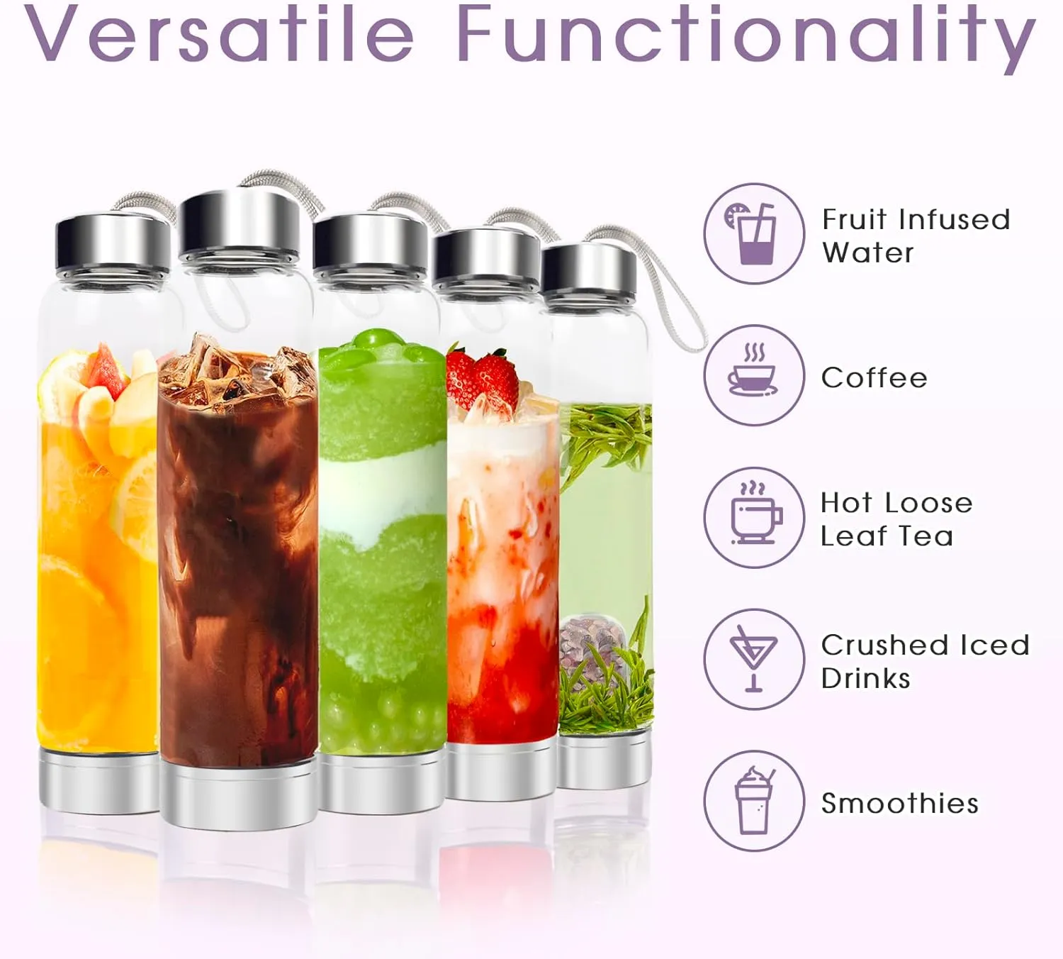 ChezMax Crystal Glass Water Bottle with Changeable Natural Crystal Center
