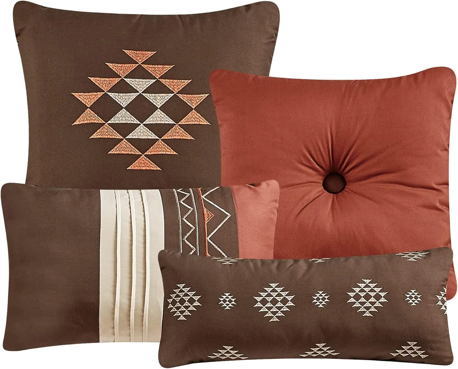 Chezmoi Collection 7-Piece Queen Comforter Set - Rustic Southwestern Native Aztec Brown Red Clay Coffee Cream Geometric Embroidered Lightweight Bedding Comforter and Pillow Cushions