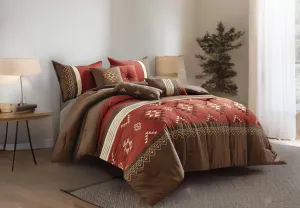 Chezmoi Collection 7-Piece Queen Comforter Set - Rustic Southwestern Native Aztec Brown Red Clay Coffee Cream Geometric Embroidered Lightweight Bedding Comforter and Pillow Cushions