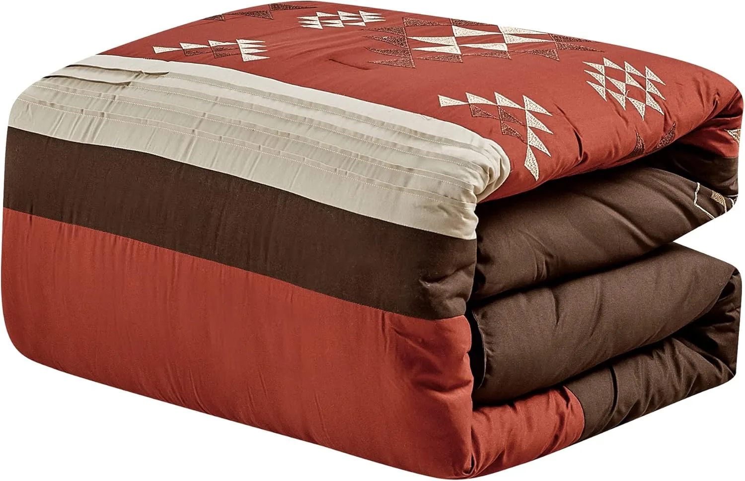 Chezmoi Collection 7-Piece Queen Comforter Set - Rustic Southwestern Native Aztec Brown Red Clay Coffee Cream Geometric Embroidered Lightweight Bedding Comforter and Pillow Cushions