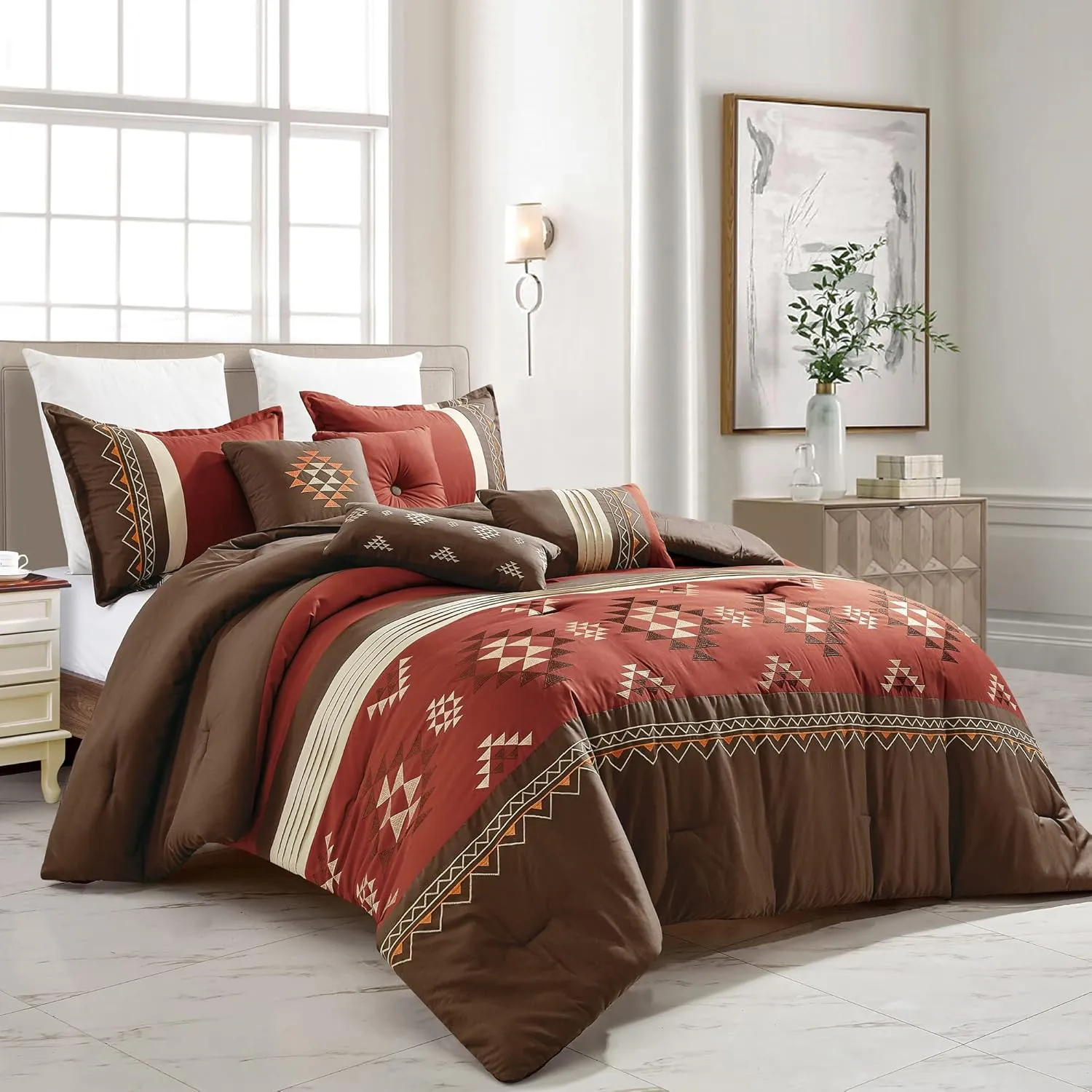 Chezmoi Collection 7-Piece Queen Comforter Set - Rustic Southwestern Native Aztec Brown Red Clay Coffee Cream Geometric Embroidered Lightweight Bedding Comforter and Pillow Cushions