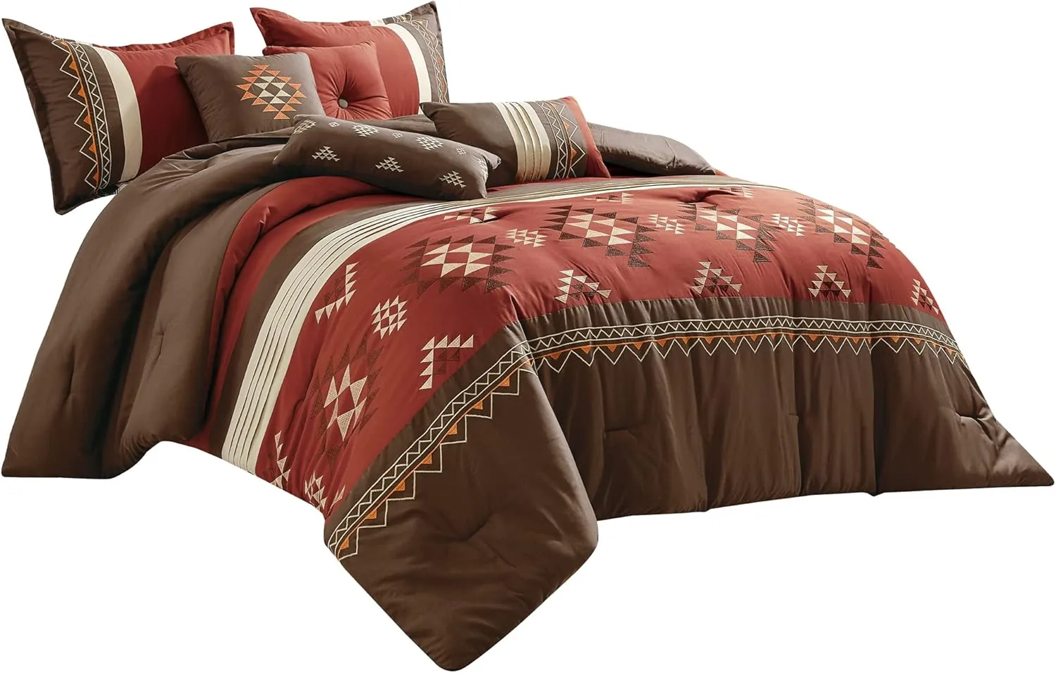 Chezmoi Collection 7-Piece Queen Comforter Set - Rustic Southwestern Native Aztec Brown Red Clay Coffee Cream Geometric Embroidered Lightweight Bedding Comforter and Pillow Cushions