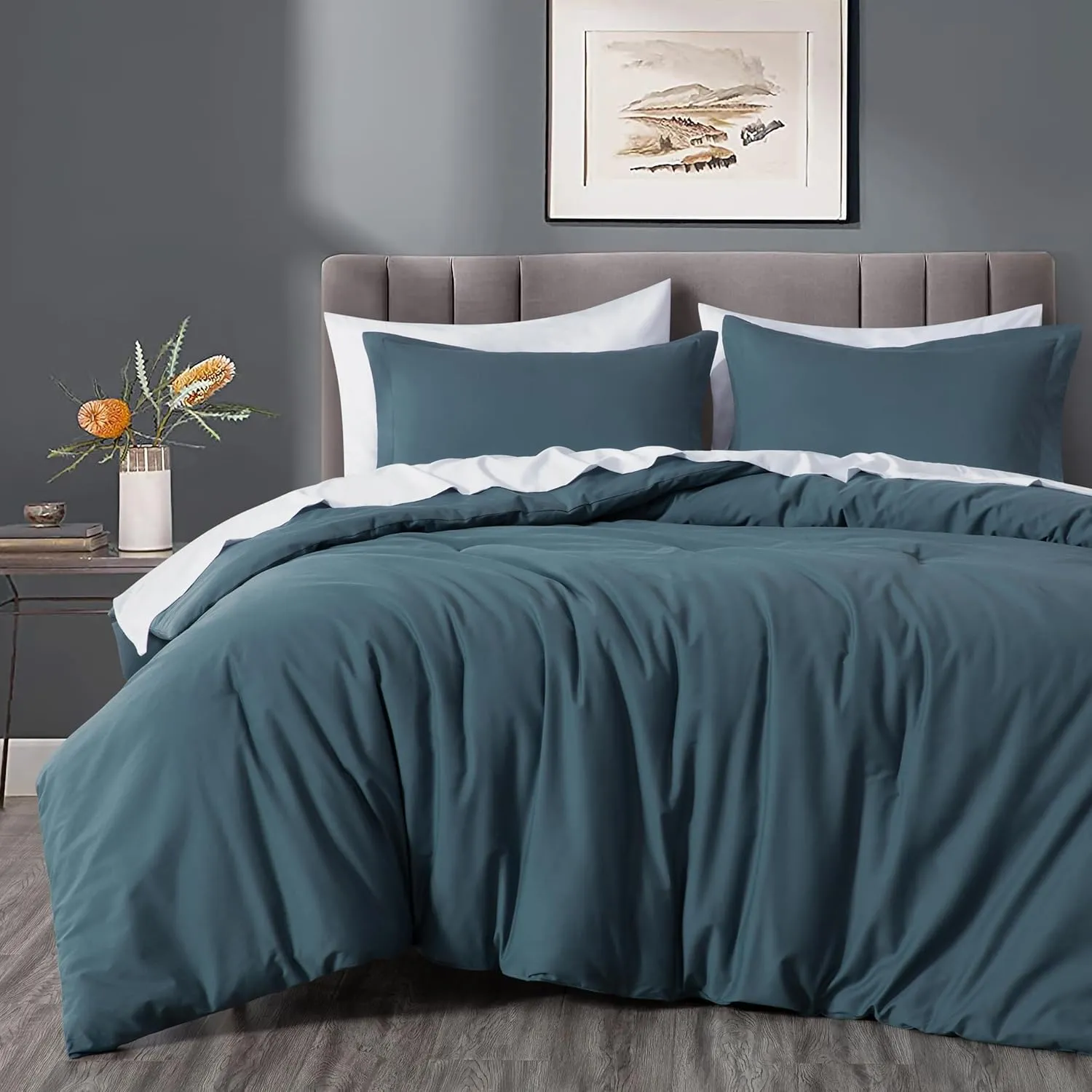 Chezmoi Collection Solid China Blue Cotton Comforter Set King Size, 3-Piece Luxury Soft Breathable Smooth Cooling 250TC Cotton Twill Lightweight Bedding Comforter for All Season