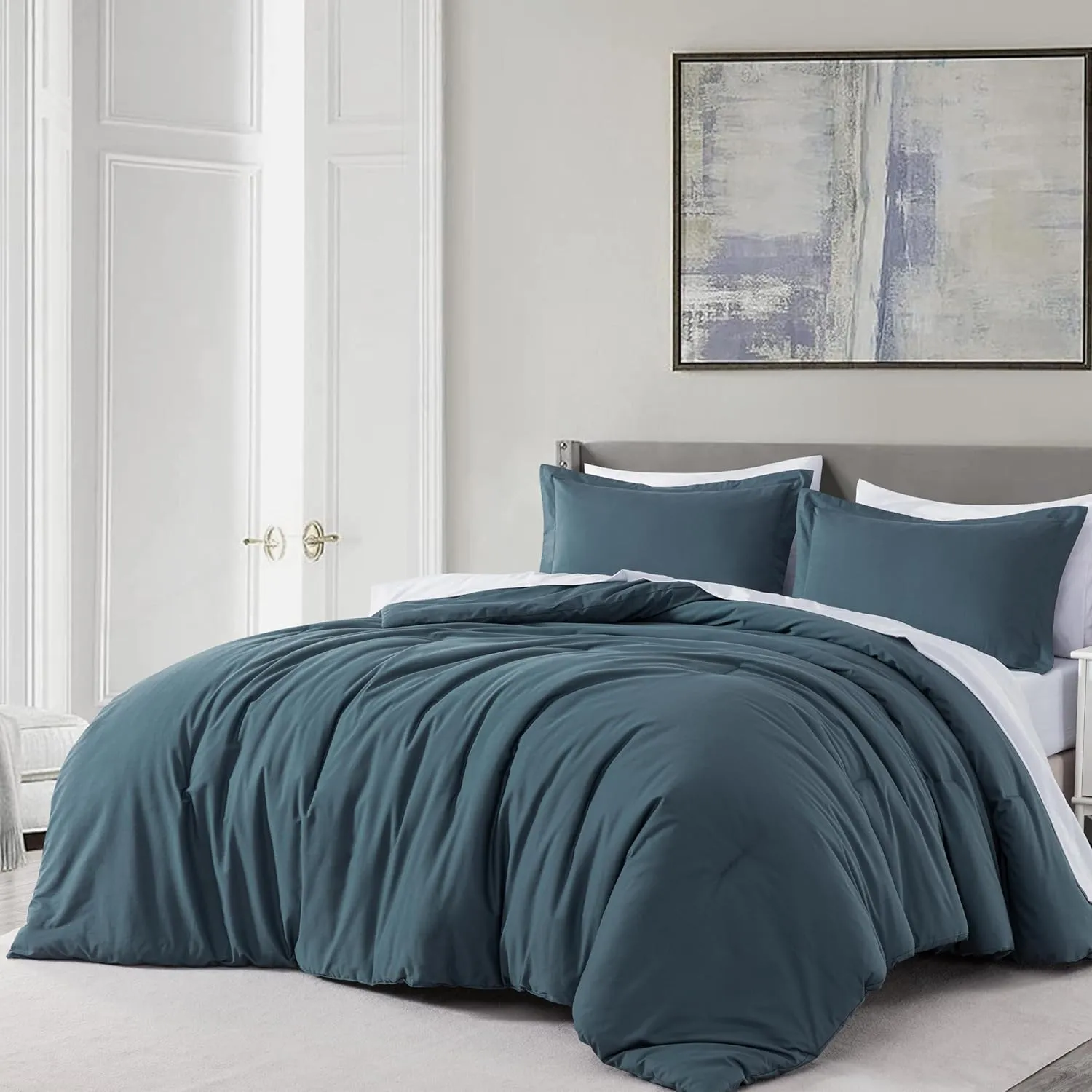 Chezmoi Collection Solid China Blue Cotton Comforter Set King Size, 3-Piece Luxury Soft Breathable Smooth Cooling 250TC Cotton Twill Lightweight Bedding Comforter for All Season