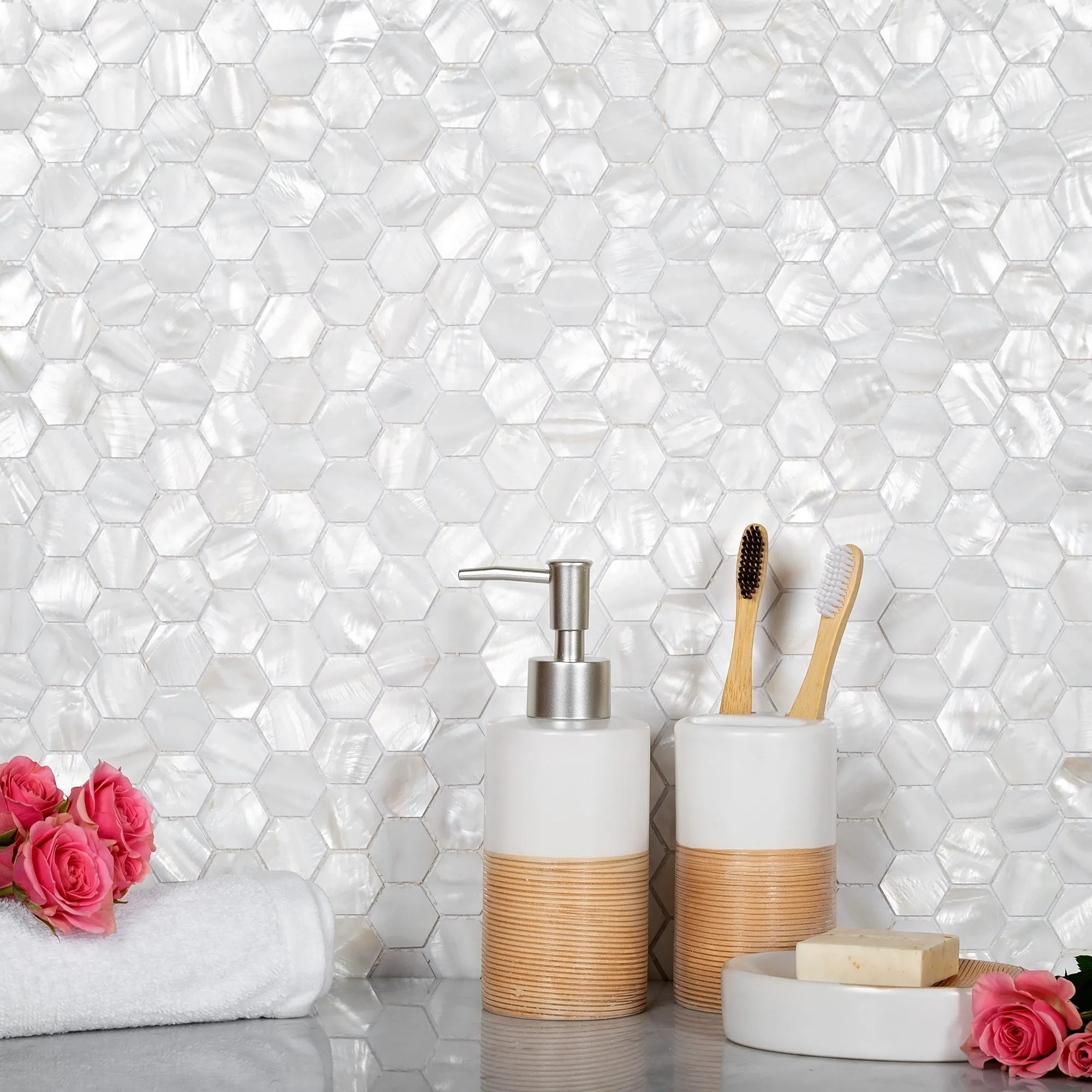Chiffon White 12x12 Polished Hexagon Shell Mother of Pearl Mosaic Tile (20 pack, 18.69 sq ft/case)
