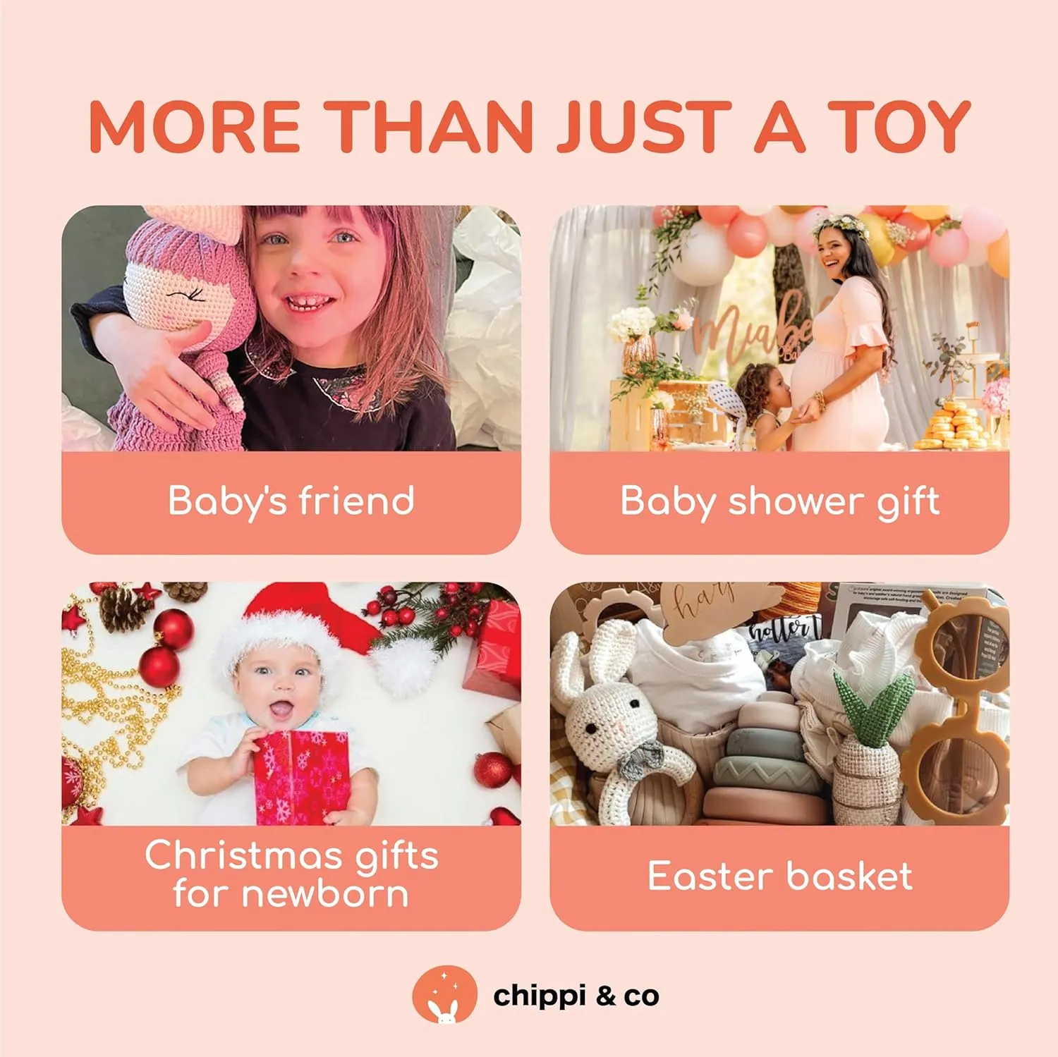 Chippi & Co Wooden Crochet Baby Rattle, Crochet Toys Stuffed Animals Easter Gifts for Kids, Wooden Newborn Toys, Unique Easter Basket Stuffers, Basket Filler, Baby Shower Decor (Huggy Baby Bear)