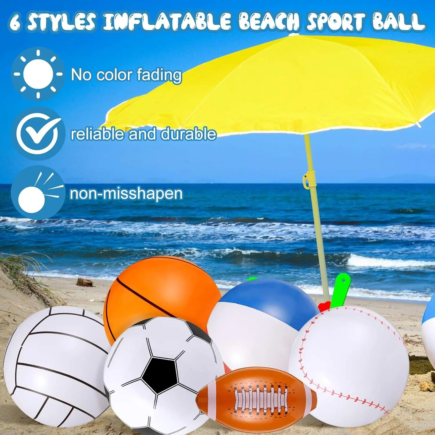 Chivao 12 Pack Inflatable Beach Ball Football Soccer Baseball Volleyball Softball Glitter Beach Ball Blow up Balls for Summer Swimming Pool Party Favor Game(6 Style,16 Inch)