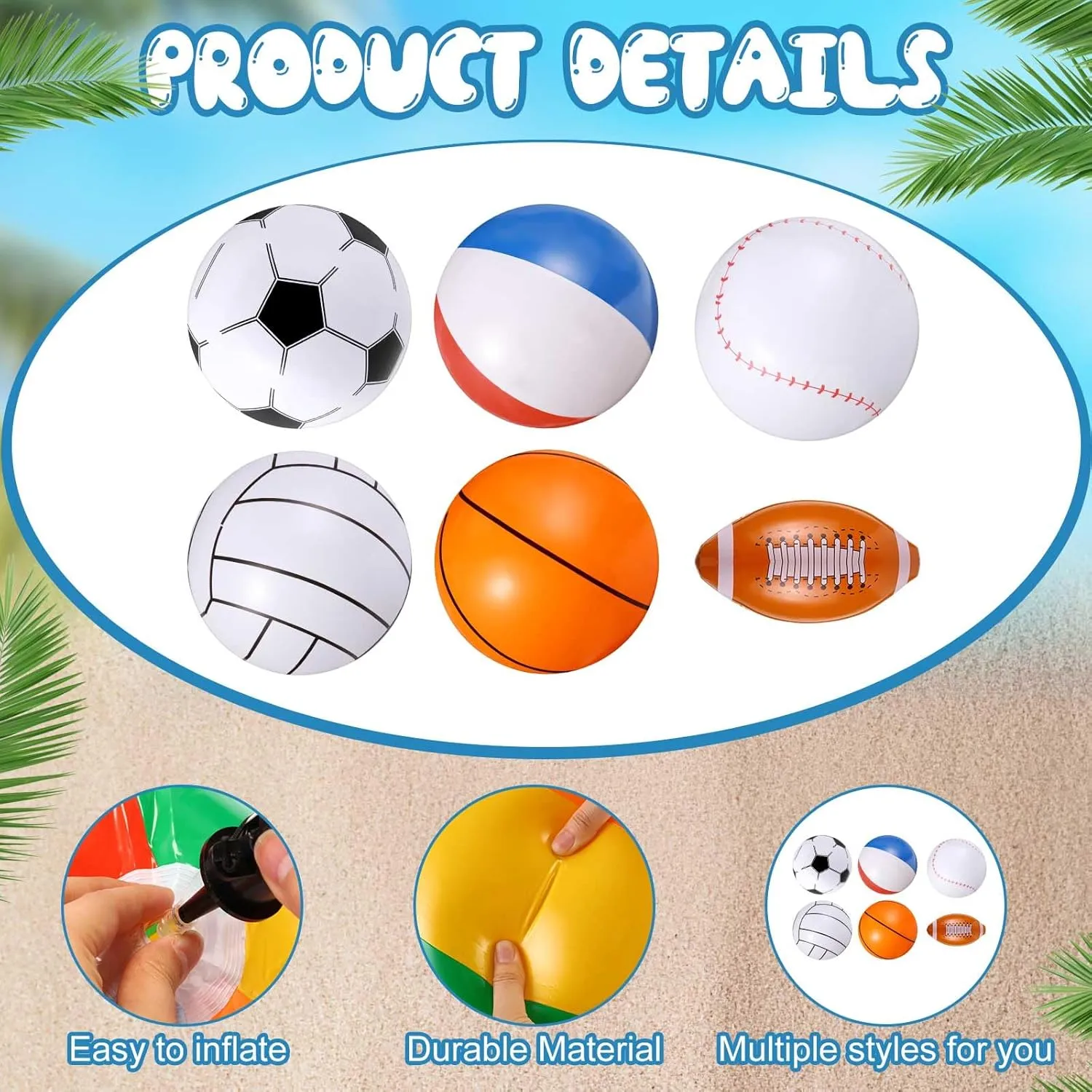 Chivao 12 Pack Inflatable Beach Ball Football Soccer Baseball Volleyball Softball Glitter Beach Ball Blow up Balls for Summer Swimming Pool Party Favor Game(6 Style,16 Inch)
