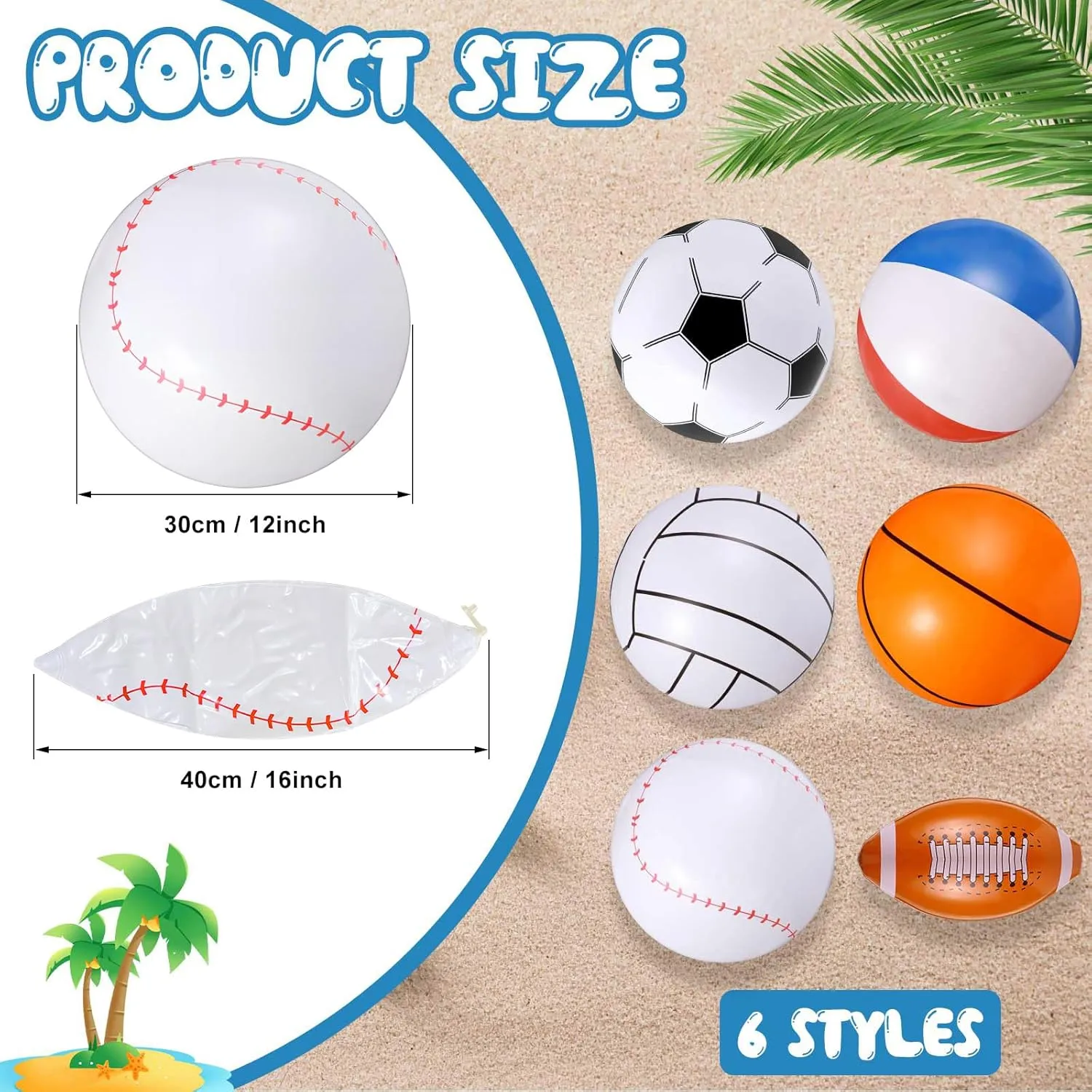Chivao 12 Pack Inflatable Beach Ball Football Soccer Baseball Volleyball Softball Glitter Beach Ball Blow up Balls for Summer Swimming Pool Party Favor Game(6 Style,16 Inch)
