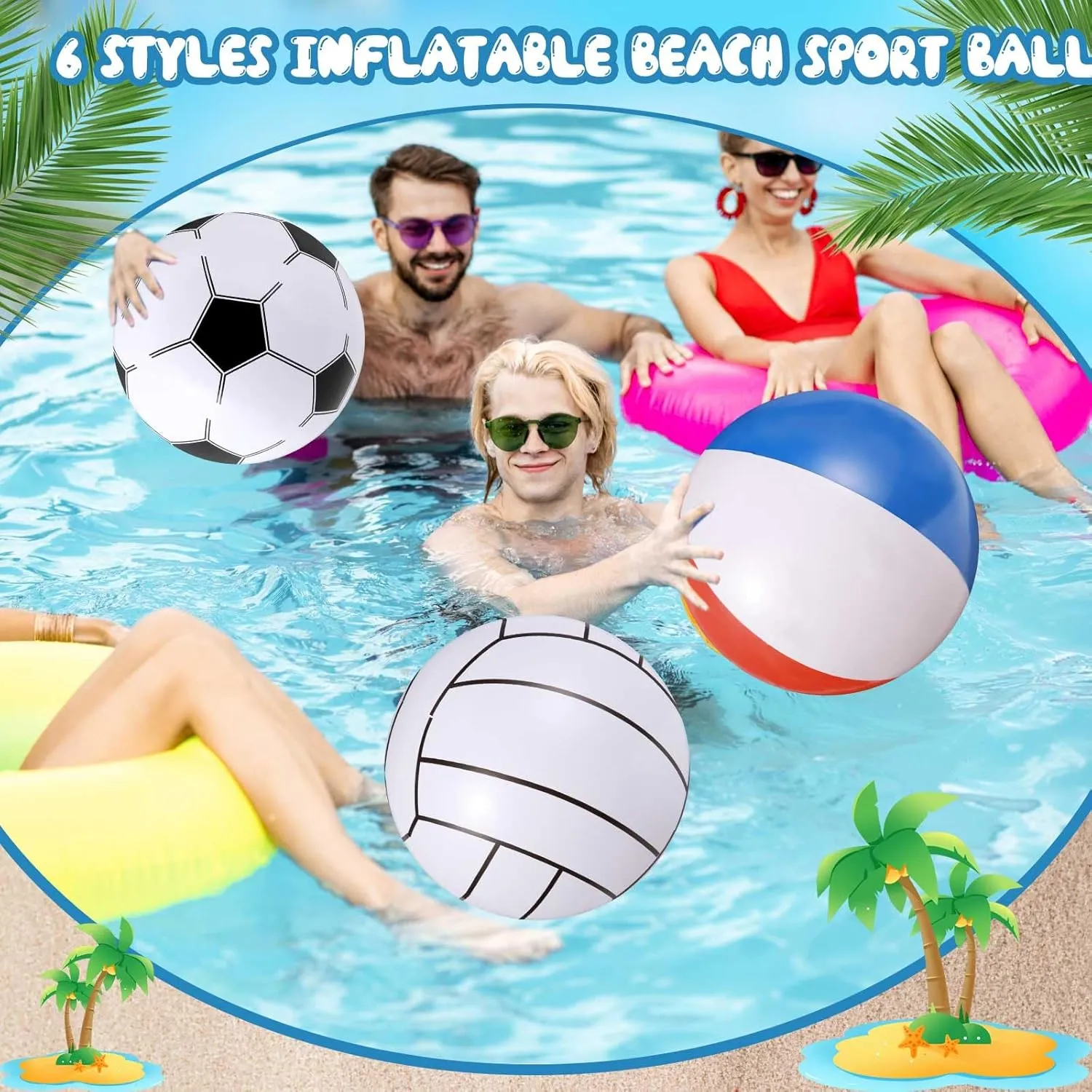 Chivao 12 Pack Inflatable Beach Ball Football Soccer Baseball Volleyball Softball Glitter Beach Ball Blow up Balls for Summer Swimming Pool Party Favor Game(6 Style,16 Inch)