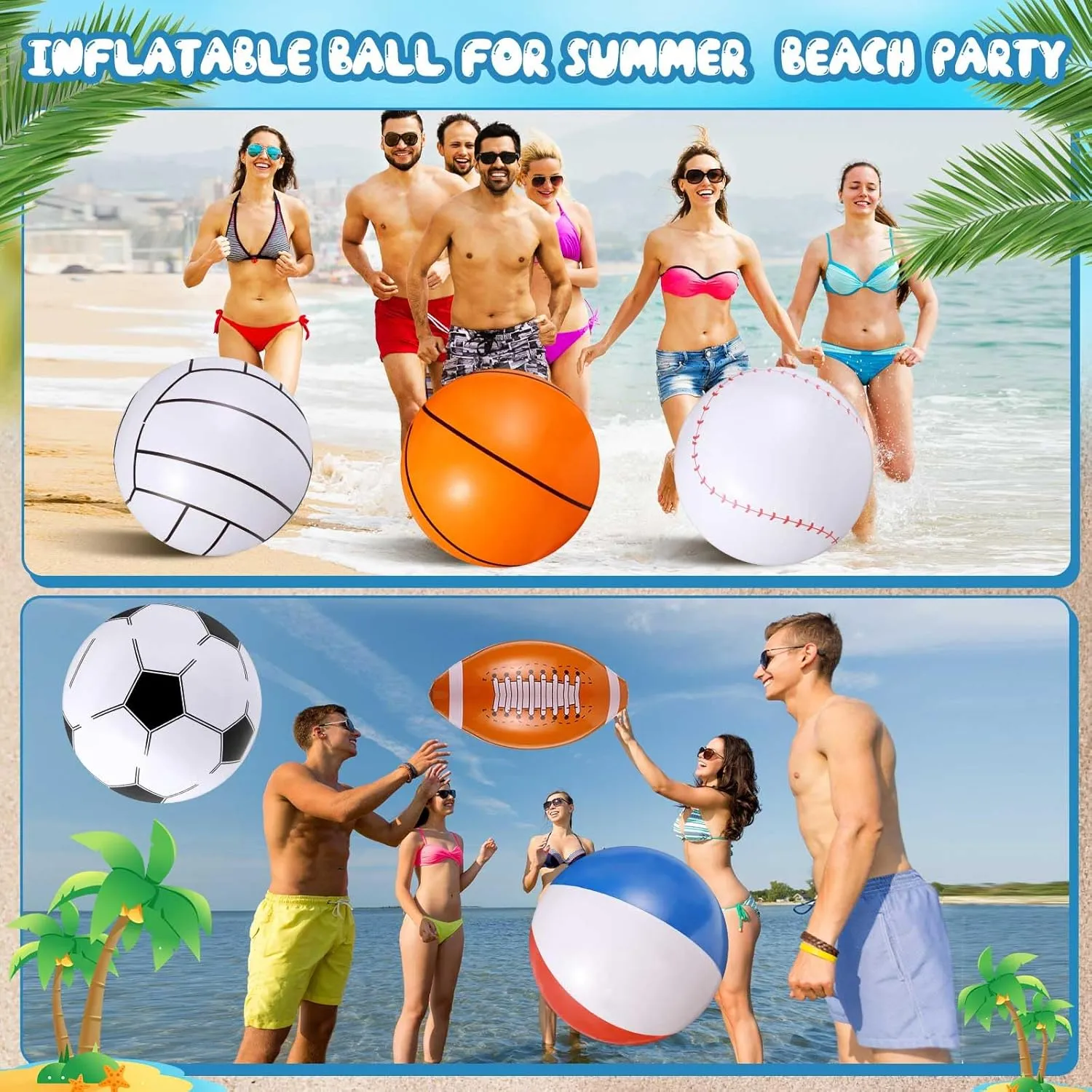 Chivao 12 Pack Inflatable Beach Ball Football Soccer Baseball Volleyball Softball Glitter Beach Ball Blow up Balls for Summer Swimming Pool Party Favor Game(6 Style,16 Inch)
