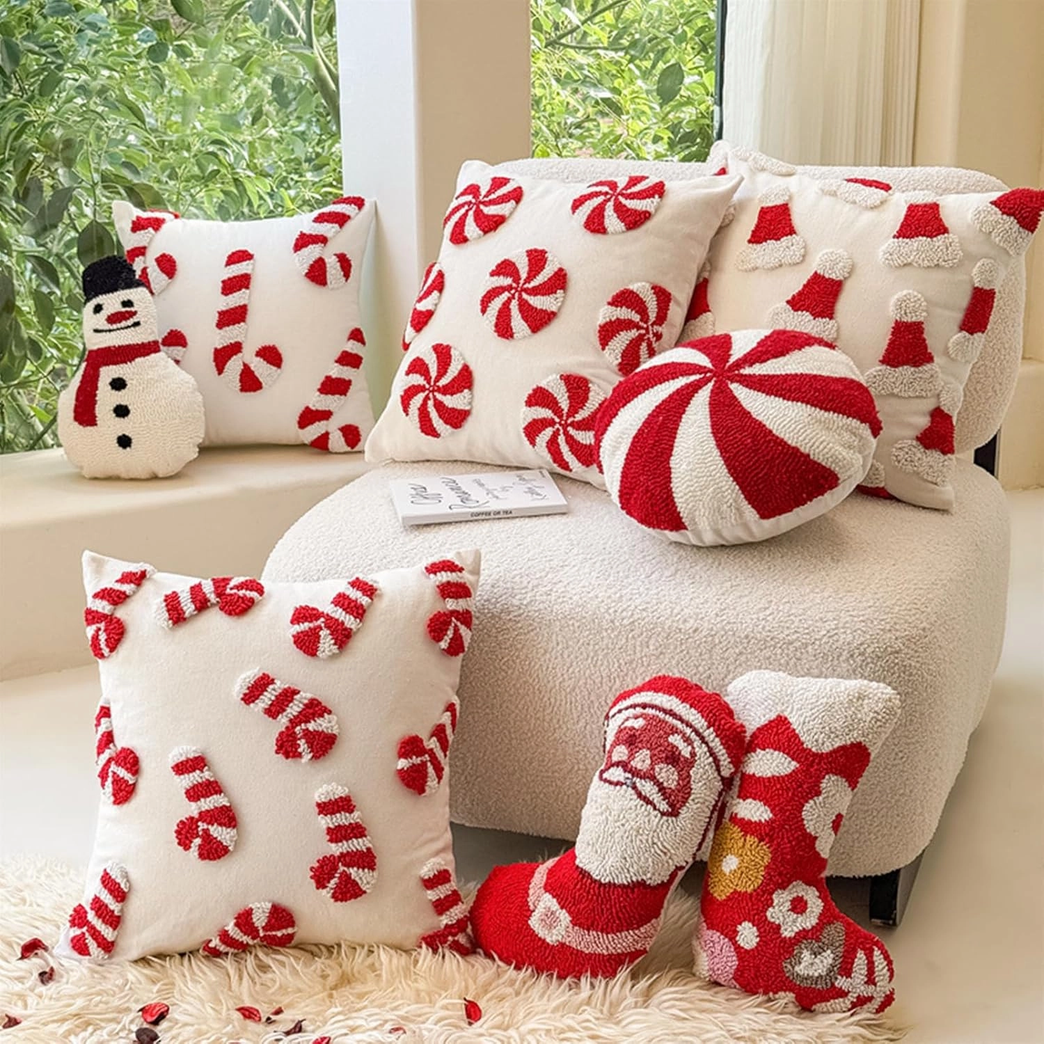 Christmas Throw Pillow Cover Set of 2 - 18 x 18 Inch Walking Stick 3D Party Decor Winter Holiday Soft Cushion Case for Sofa, Couch, Bed, Living Room