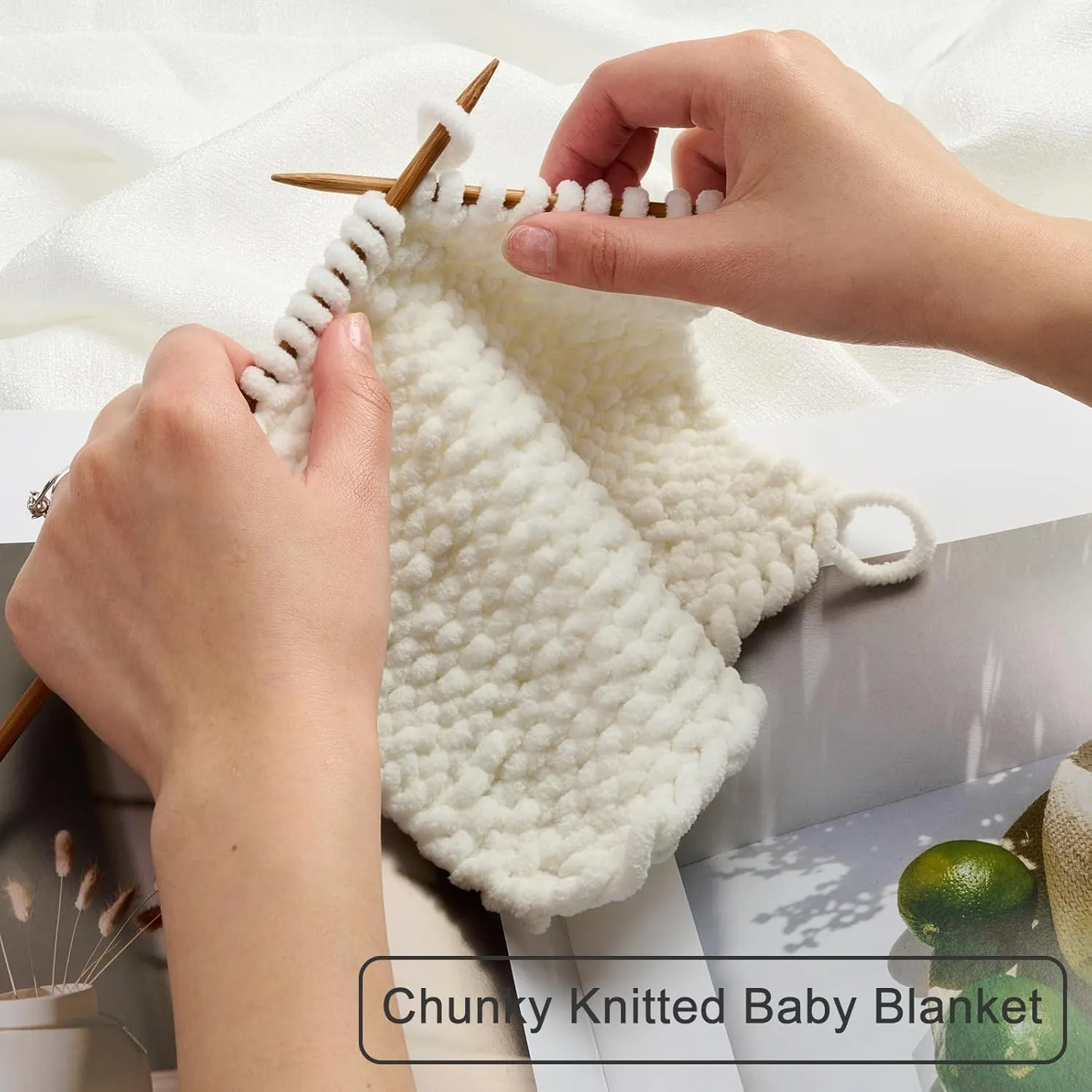 Chunky Chenille Yarn for Knitting/Crochet Baby Blanket Fancy Yarn for Amigurumi #6 Super Bulky Extra Thick Soft Fluffy Big Yarn Hat Scarf Christmas Decor Beginner Friendly,0.66lb,Cream