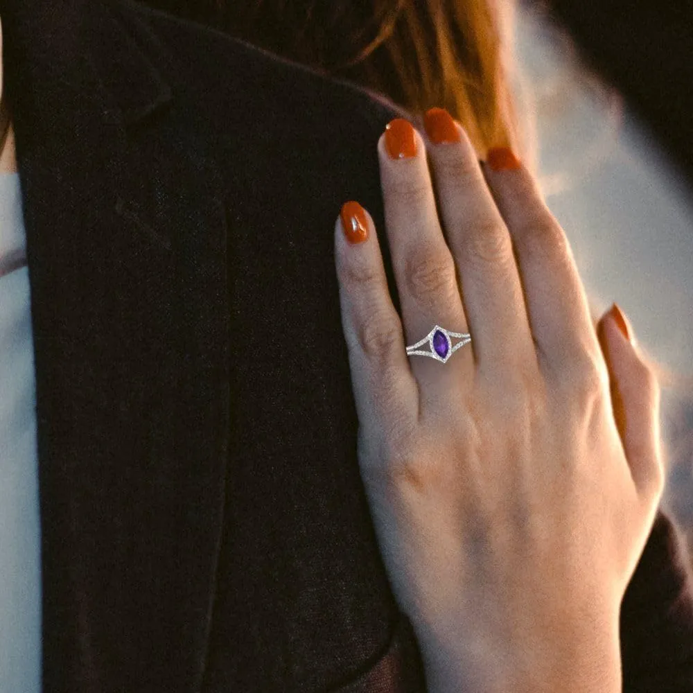 Clara Pucci 1.20ct Marquise Cut Solitaire split shank Halo Natural Amethyst Engagement Promise Anniversary Bridal Ring 14k White Gold