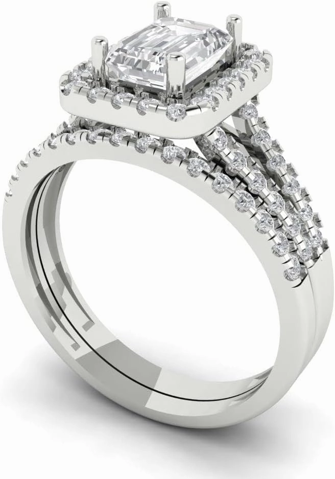 Clara Pucci 1.57ct Emerald Natural Diamond VS1-2 G-H 14k White Gold Halo Solitaire with Accents Bridal Wedding Engagement Ring Set