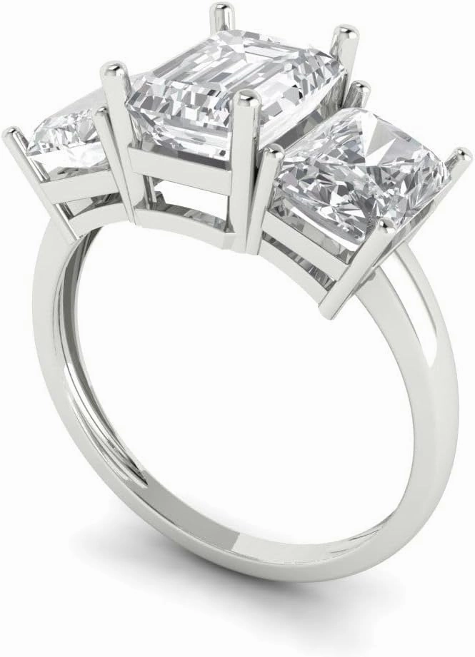 Clara Pucci 4Ct Emerald Cut Three-Stone Moissanite Engagement Ring - Solid 14K White Gold