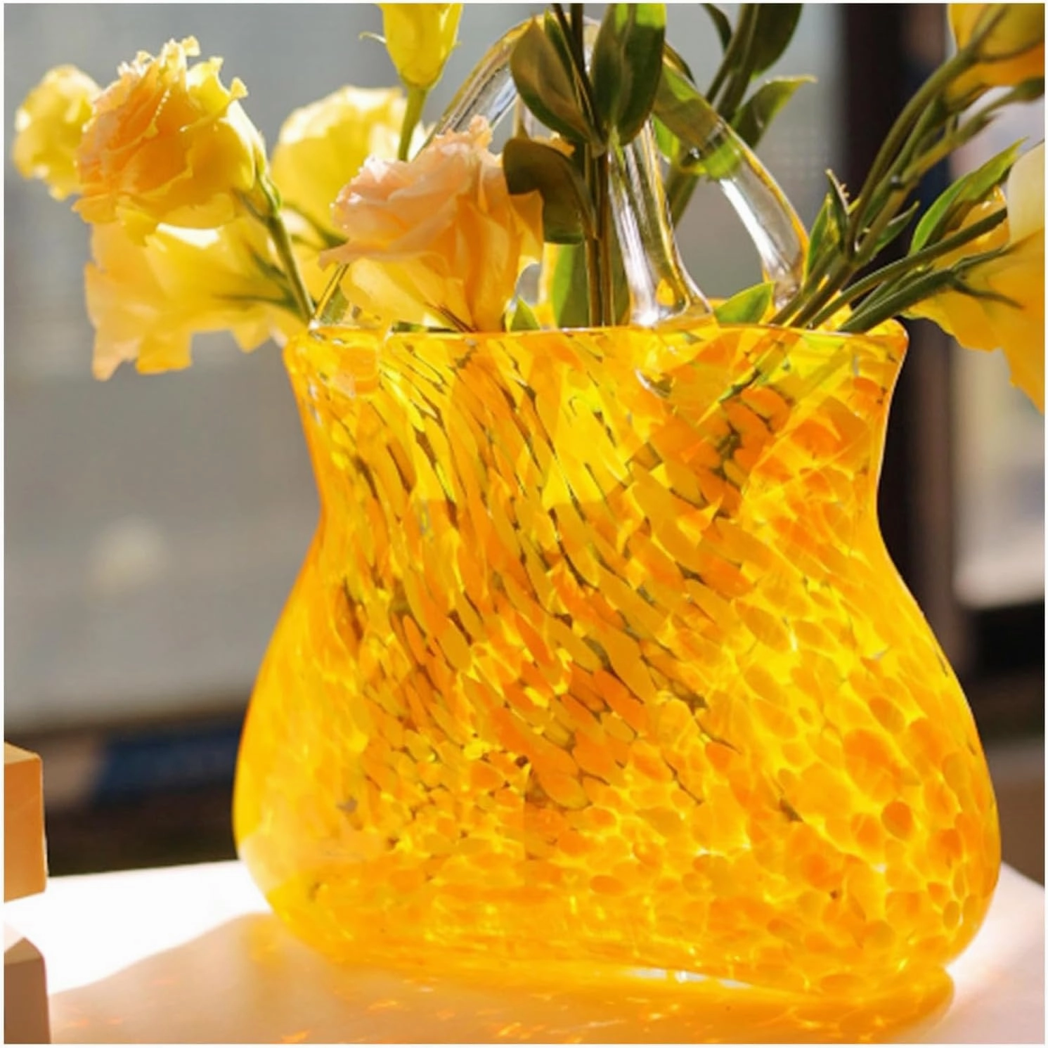 Clear Glass Vase, Hand Blown Glass Vase Purse Vase with Fish Bowl Handbag Unique Flower Vase, for Home Décor,Enterpiece,Events,Office,Garden,Wedding,Yellow