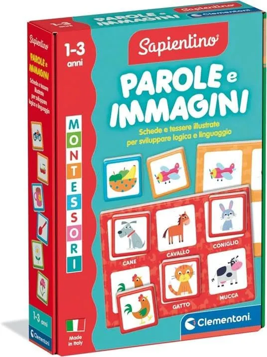 Clementoni Sapientino Montessori - Words and Pictures, Educational Game for Children 1-3 Years, Flashcards for Recognizing Animals, Food and Objects, Stimulates Language, Made in Italy, Italian