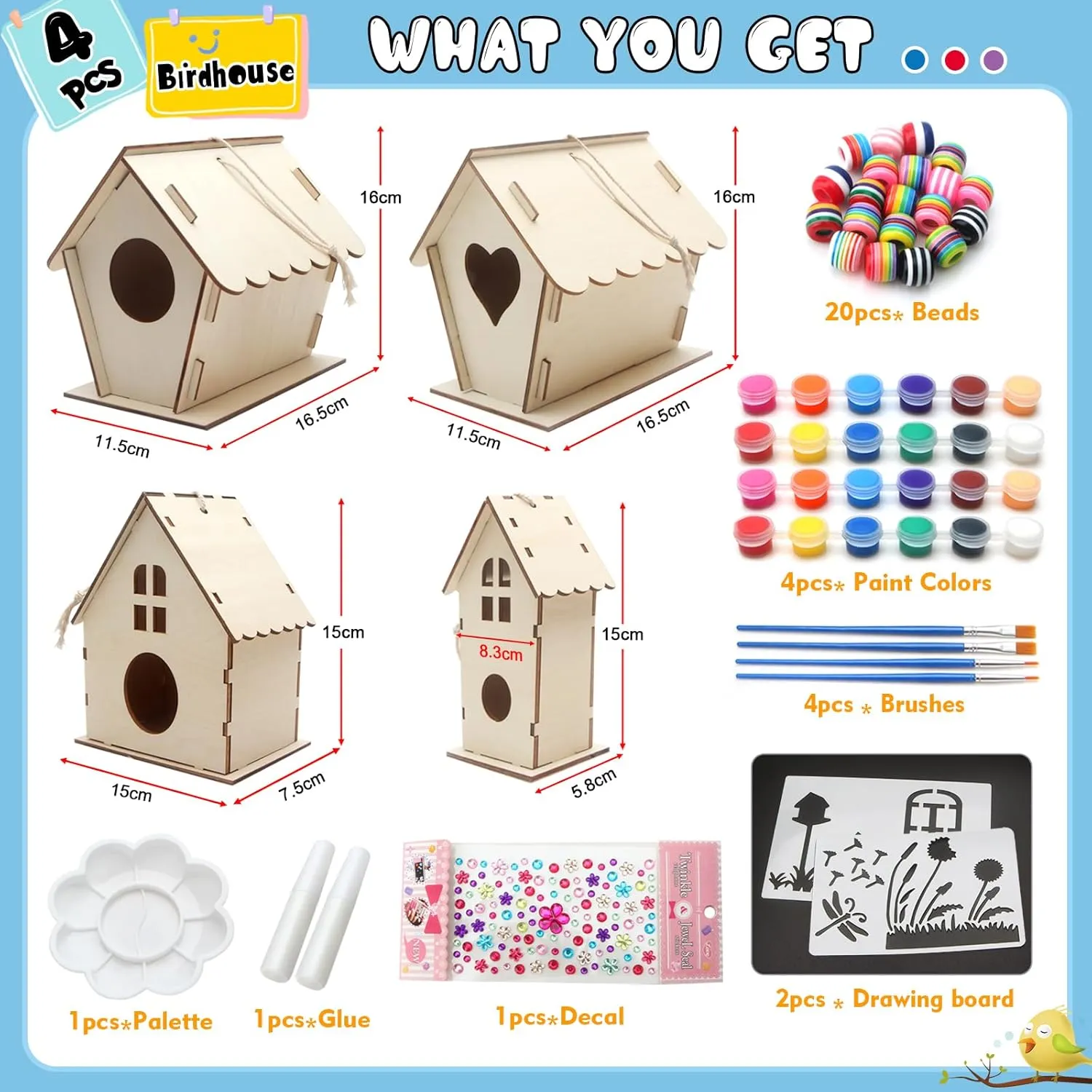 Col-Pary 4 Pack Birdhouse Crafts, Buildable DIY Birdhouse Kit for Kids to Build, Wooden Toys Crafts, Craft Projects for Children's Day Gifts, Boys Girls, Ages 5-8 8-12 Years