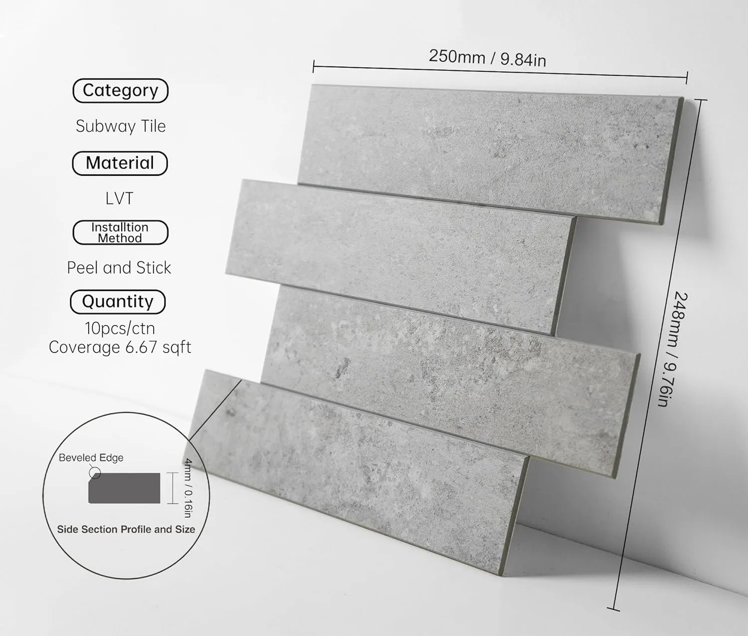 COLAMO Luxury 10PCS Peel and Stick Backsplash Tiles, Thicker Self Adhesive Subway Tiles, Faux Stone Matt Tile, Stick on Accent Wall for Bathroom, Living Room, RV, Bedroom, Fireplace, Light Gray