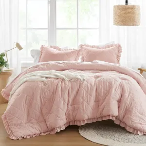 Comfort Spaces Twin Comforter Set - Ruffle Shabby Chic Comforter, Prewashed Microfiber, Fluffy All Season Twin Bedding, Sham, Country Cottage Decor, Blush 2 Piece