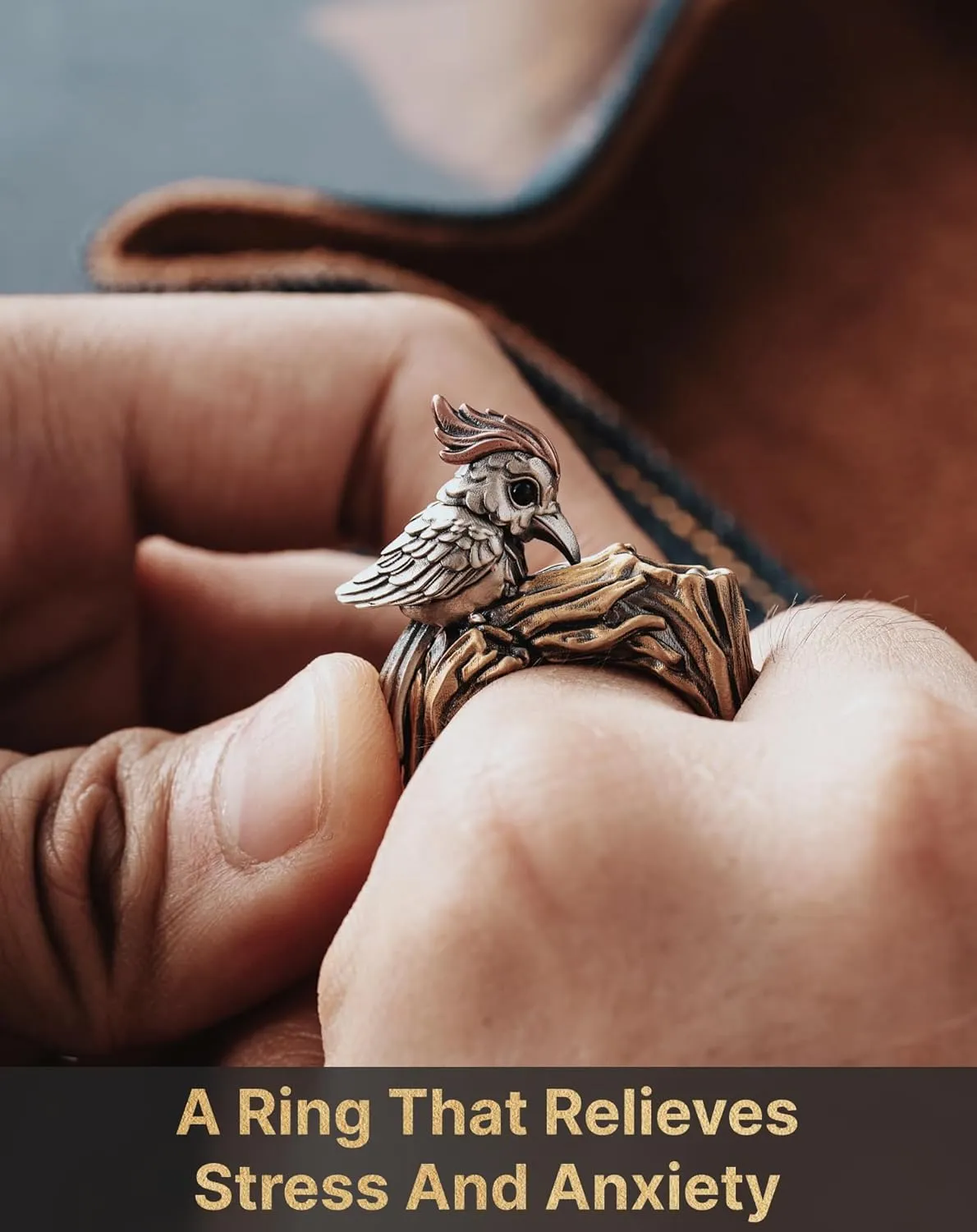 COPPERTIST.WU Woodpecker Ring for Men Women, Black Agate Open Rings Personalized Bird Jewelry Gifts