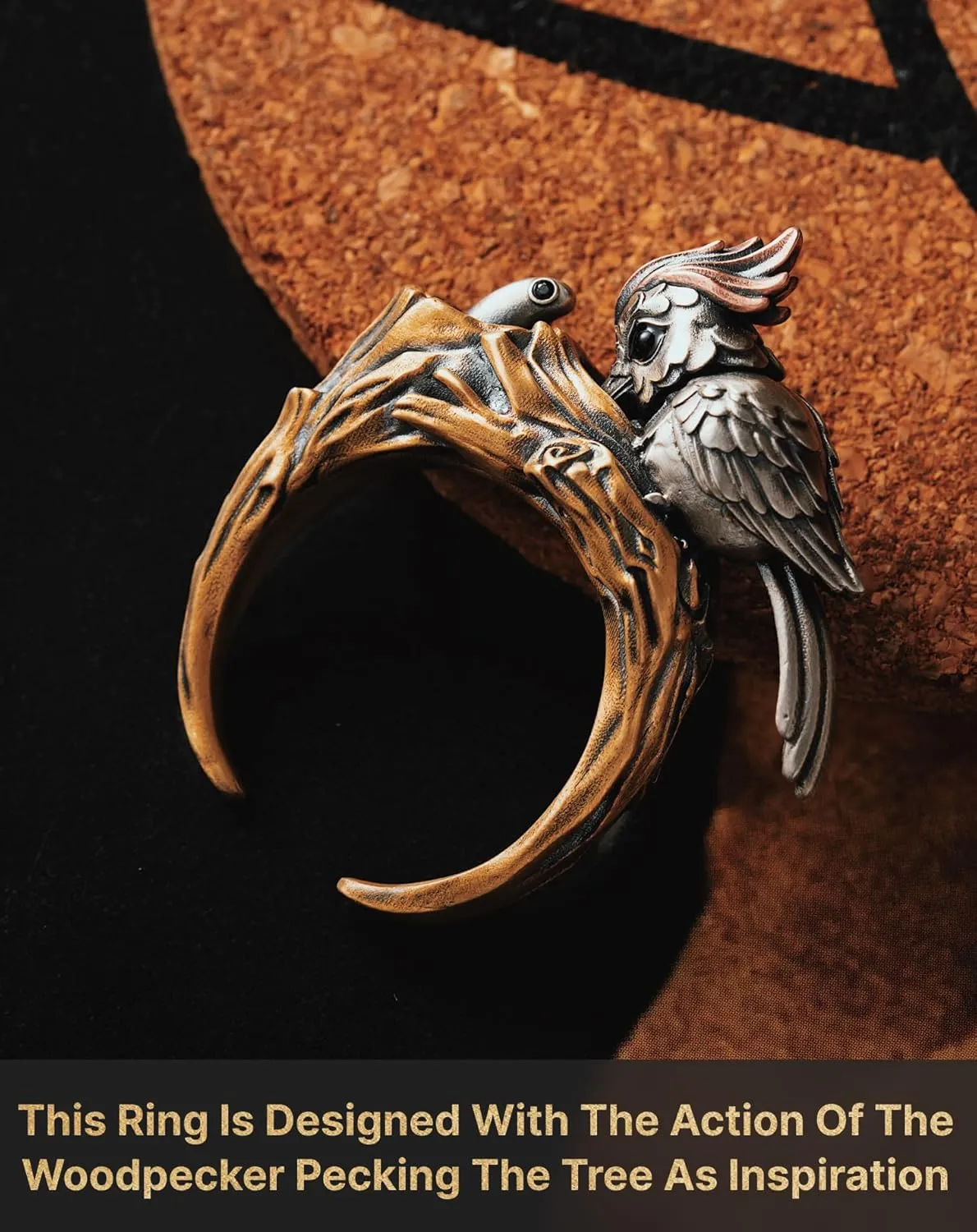 COPPERTIST.WU Woodpecker Ring for Men Women, Black Agate Open Rings Personalized Bird Jewelry Gifts