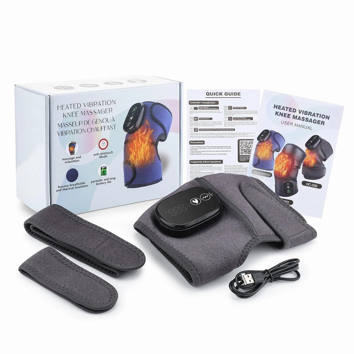 Cordless Heated Knee Massager, 3-in-1 Knee Massage with Heat for Elbow Shoulder Wrap (Gray)