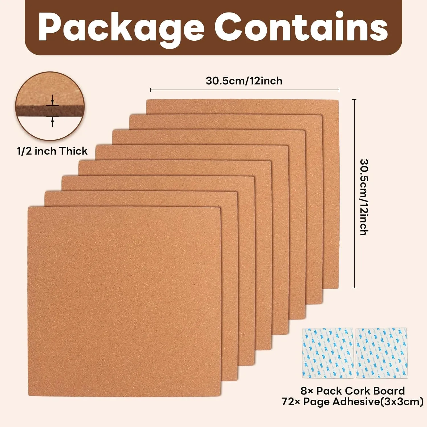 Corksidol Cork Board Tiles, 12" X 12" X 1/4",Corkboard, Premium Natural Cork for Bulletin Board, Mini Wall, 72 Self Adhesive Squares Included,8 Pack