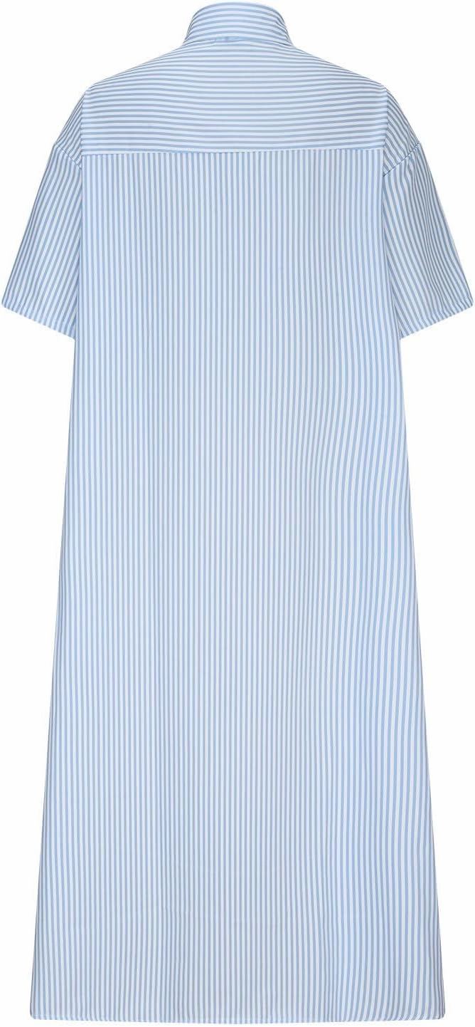 Cotton Linen Dress for Women Roll Up Short Sleeve Button Down Dress V Neck Collared Loose Casual Striped Shirt Dresses