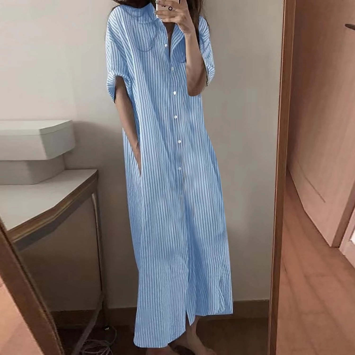 Cotton Linen Dress for Women Roll Up Short Sleeve Button Down Dress V Neck Collared Loose Casual Striped Shirt Dresses