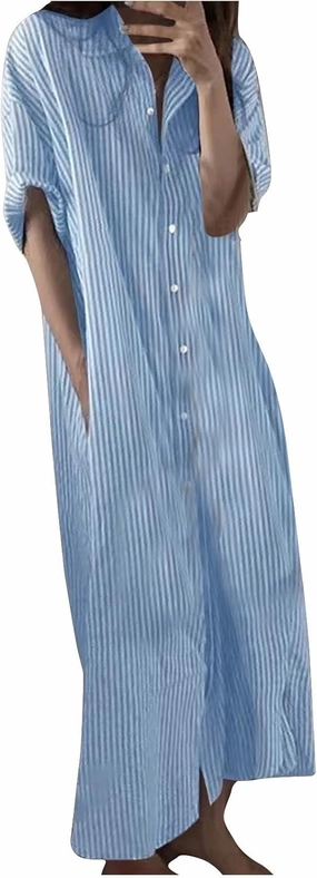 Cotton Linen Dress for Women Roll Up Short Sleeve Button Down Dress V Neck Collared Loose Casual Striped Shirt Dresses