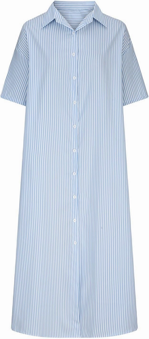 Cotton Linen Dress for Women Roll Up Short Sleeve Button Down Dress V Neck Collared Loose Casual Striped Shirt Dresses