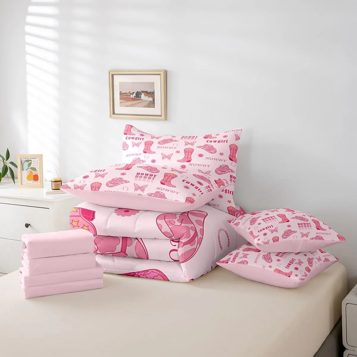 Cowgirl Boots 7 Pieces Bedding Set Full,Western Tribal Horseshoe Cap Cowhide Print Bed in a Bag for Young,Pink Butterfly Stars Daisy Flowers Graffiti Comforter Set with Sheets,Pillow Covers