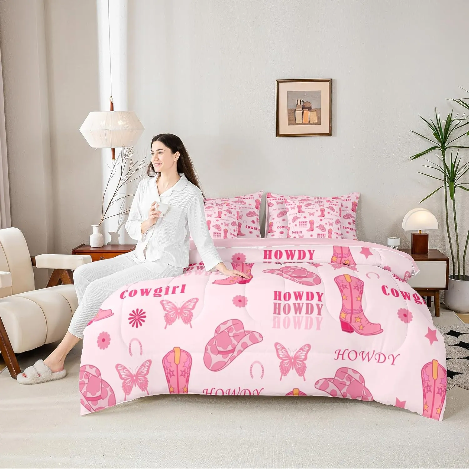 Cowgirl Boots 7 Pieces Bedding Set Full,Western Tribal Horseshoe Cap Cowhide Print Bed in a Bag for Young,Pink Butterfly Stars Daisy Flowers Graffiti Comforter Set with Sheets,Pillow Covers