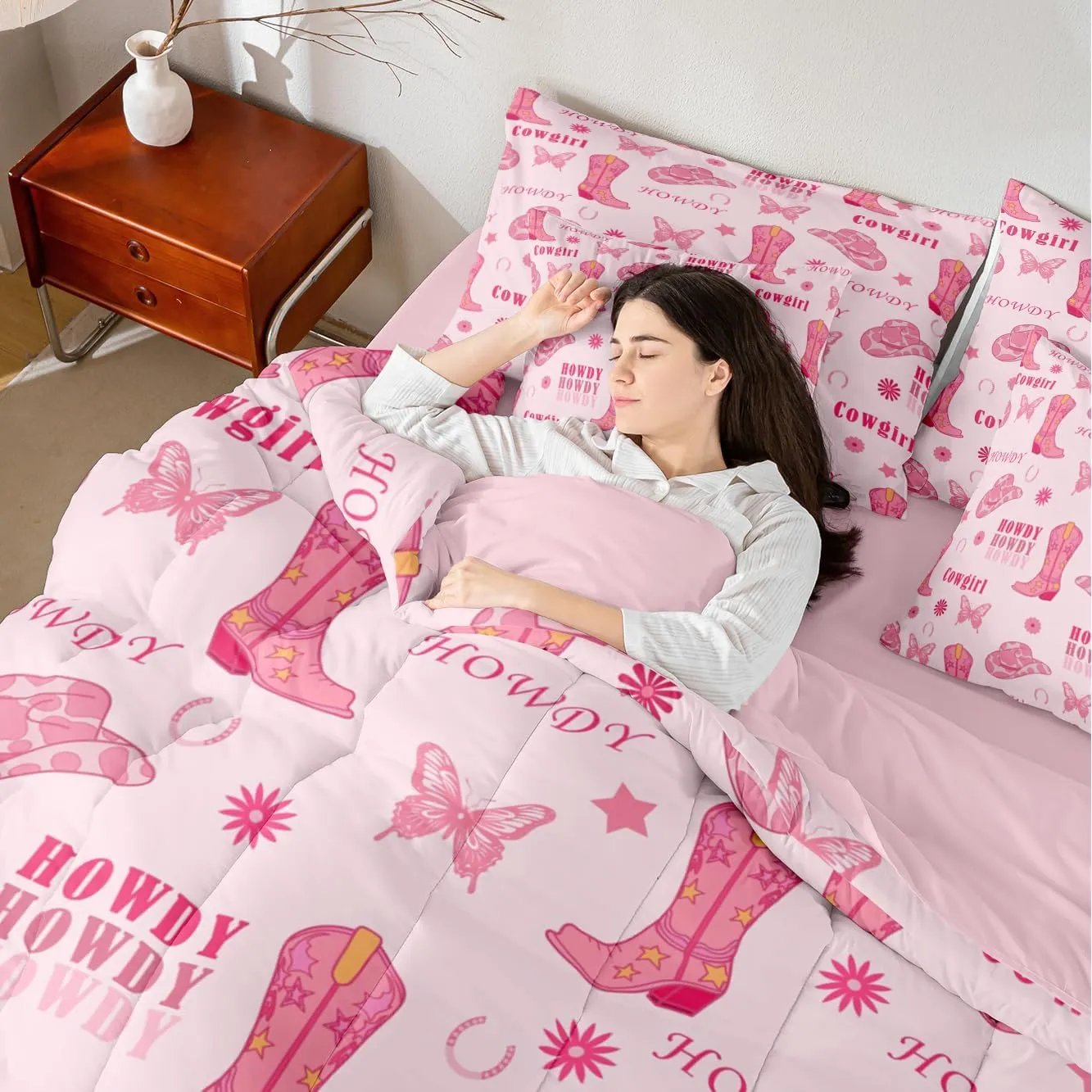 Cowgirl Boots 7 Pieces Bedding Set Full,Western Tribal Horseshoe Cap Cowhide Print Bed in a Bag for Young,Pink Butterfly Stars Daisy Flowers Graffiti Comforter Set with Sheets,Pillow Covers