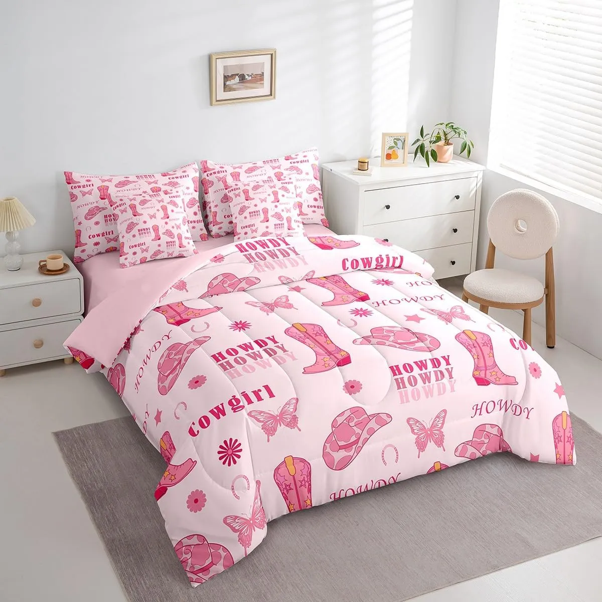 Cowgirl Boots 7 Pieces Bedding Set Full,Western Tribal Horseshoe Cap Cowhide Print Bed in a Bag for Young,Pink Butterfly Stars Daisy Flowers Graffiti Comforter Set with Sheets,Pillow Covers