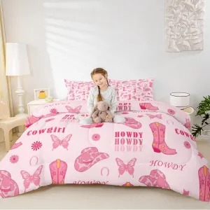 Cowgirl Boots 7 Pieces Bedding Set Full,Western Tribal Horseshoe Cap Cowhide Print Bed in a Bag for Young,Pink Butterfly Stars Daisy Flowers Graffiti Comforter Set with Sheets,Pillow Covers