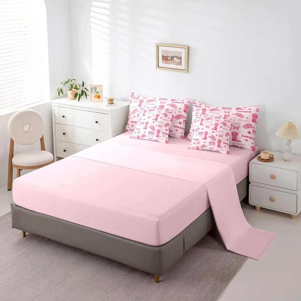 Cowgirl Boots 7 Pieces Bedding Set Full,Western Tribal Horseshoe Cap Cowhide Print Bed in a Bag for Young,Pink Butterfly Stars Daisy Flowers Graffiti Comforter Set with Sheets,Pillow Covers